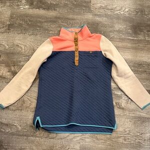 L.L. Bean Women's Quilted Quarter Snap Pullover in Navy and Coral